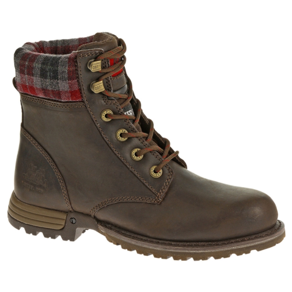 CAT Work Boots Leather Steel Toe Brown Oil Slip Resistant Flex Plaid Trim 9.5 W